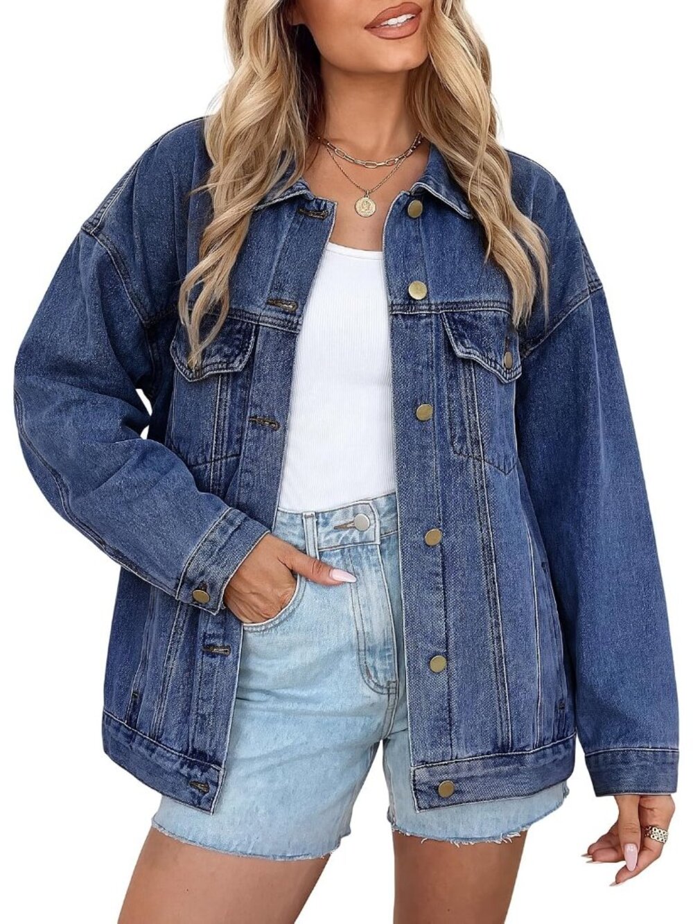 Women's Sky Blue Oversized Button Down Pockets Imported Denim Jeans Jacket